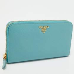 Prada Turquoise Saffiano Lux Leather Zip Around Continental Wallet
