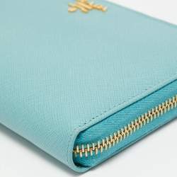 Prada Turquoise Saffiano Lux Leather Zip Around Continental Wallet