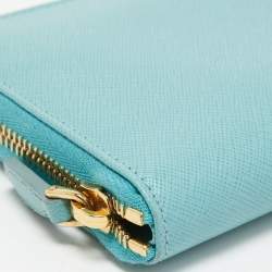 Prada Turquoise Saffiano Lux Leather Zip Around Continental Wallet