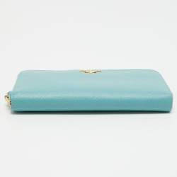 Prada Turquoise Saffiano Lux Leather Zip Around Continental Wallet
