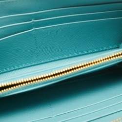 Prada Turquoise Saffiano Lux Leather Zip Around Continental Wallet