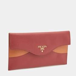 Prada Red/Orange Saffiano Cross Leather Envelope Slim Wallet