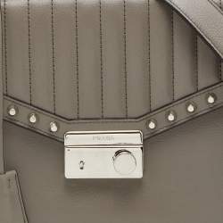 Prada Grey Glace Leather Studded Sound Top Handle Bag