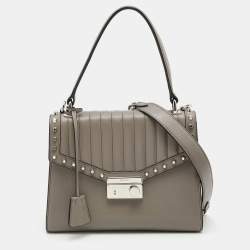 Prada Grey Glace Leather Studded Sound Top Handle Bag