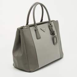 Pre Owned Prada Grey Two Tone Saffiano Lux Leather Large Double Zip Tote