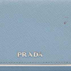 Pre Owned Prada Light Blue Saffiano Leather Metal Bar Flap Continental Wallet