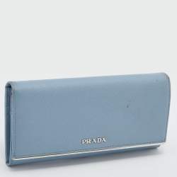 Pre Owned Prada Light Blue Saffiano Leather Metal Bar Flap Continental Wallet