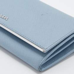 Pre Owned Prada Light Blue Saffiano Leather Metal Bar Flap Continental Wallet