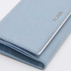 Pre Owned Prada Light Blue Saffiano Leather Metal Bar Flap Continental Wallet