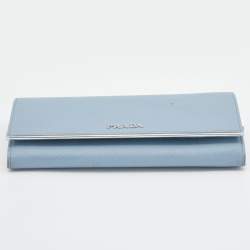 Pre Owned Prada Light Blue Saffiano Leather Metal Bar Flap Continental Wallet