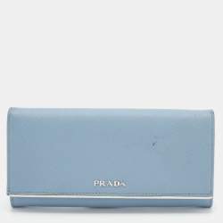 Pre Owned Prada Light Blue Saffiano Leather Metal Bar Flap Continental Wallet