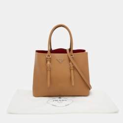 Pre Owned Prada Light Brown Saffiano Leather Cuir Covered Strap Double Tote