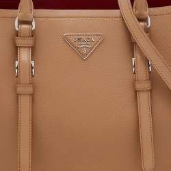 Pre Owned Prada Light Brown Saffiano Leather Cuir Covered Strap Double Tote