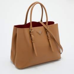 Pre Owned Prada Light Brown Saffiano Leather Cuir Covered Strap Double Tote