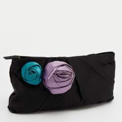 Pre Owned Prada Black Pleated Rosa Satin Petal Clutch