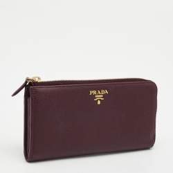Pre Owned Prada Burgundy Leather Zip Around Continental Wallet
