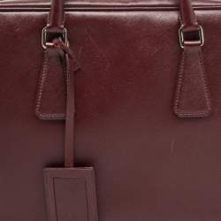 Pre Owned Prada Burgundy Saffiano Lux Leather Zip Briefcase