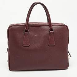 Pre Owned Prada Burgundy Saffiano Lux Leather Zip Briefcase