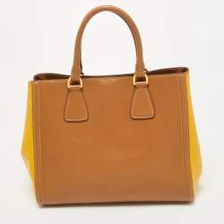 Prada Brown/Yellow Saffiano Leather Double Handle Open Tote