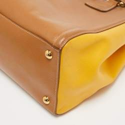 Prada Brown/Yellow Saffiano Leather Double Handle Open Tote