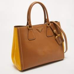Prada Brown/Yellow Saffiano Leather Double Handle Open Tote