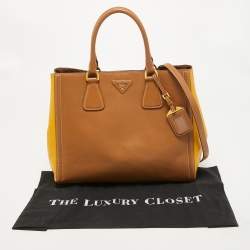 Prada Brown/Yellow Saffiano Leather Double Handle Open Tote