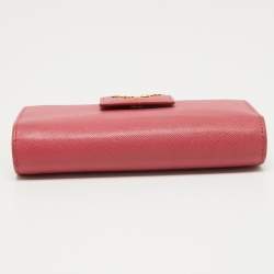 Pre Owned Prada Pink Saffiano Metal Leather Logo Flap Wallet
