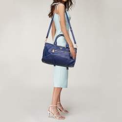 Prada Blue Vitello Phenix Leather Front Zip Satchel