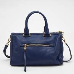 Prada Blue Vitello Phenix Leather Front Zip Satchel