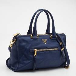 Prada Blue Vitello Phenix Leather Front Zip Satchel