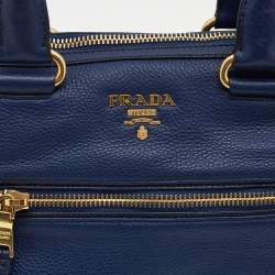 Prada Blue Vitello Phenix Leather Front Zip Satchel