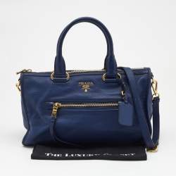 Prada Blue Vitello Phenix Leather Front Zip Satchel