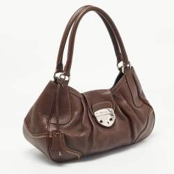 Prada Dark Brown Vitello Daino Leather Pushlock Flap Hobo