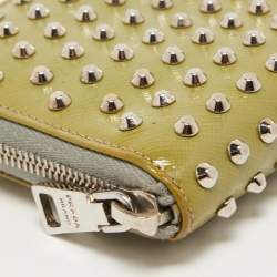 Prada Green Saffiano Patent Leather Studded Zip Around Continental Wallet