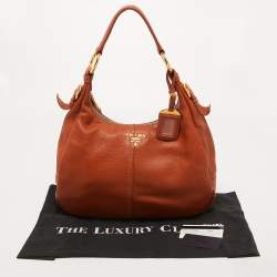 Pre Owned Prada Brown Vitello Daino Leather Zip Hobo