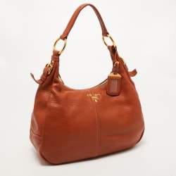Pre Owned Prada Brown Vitello Daino Leather Zip Hobo
