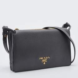 Prada Grey Leather Flap Crossbody Bag