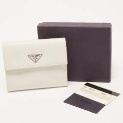 Pre Owned Prada White Nylon Logo Flap Compact Wallet