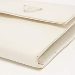Pre Owned Prada White Nylon Logo Flap Compact Wallet
