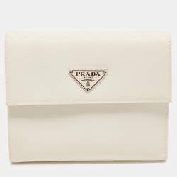Pre Owned Prada White Nylon Logo Flap Compact Wallet