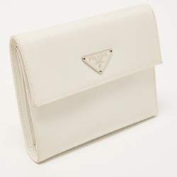 Pre Owned Prada White Nylon Logo Flap Compact Wallet
