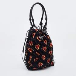 Pre Owned Prada Black Woven Fishnet Leather and Nylon Drawstring Bucket Bag