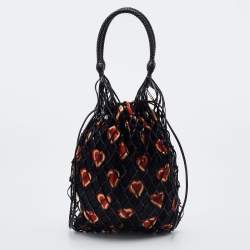 Pre Owned Prada Black Woven Fishnet Leather and Nylon Drawstring Bucket Bag
