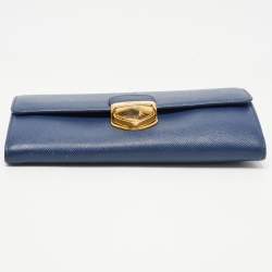 Prada Blue Saffiano Leather Push Lock Wallet