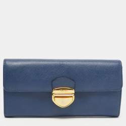 Prada Blue Saffiano Leather Push Lock Wallet