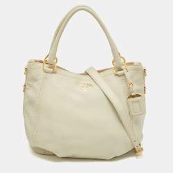 Prada Off White Vitello Daino Leather Zip Hobo