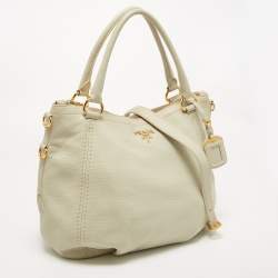 Prada Off White Vitello Daino Leather Zip Hobo