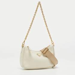 Prada Off White Saffiano Lux Leather Mini Pochette Bag