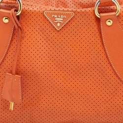 Prada Orange/White Perforated Saffiano Leather Boston Bag