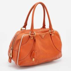 Prada Orange/White Perforated Saffiano Leather Boston Bag